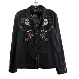 Scully Black Skull & Rose Embroidered Snap Front Polyester Shirt